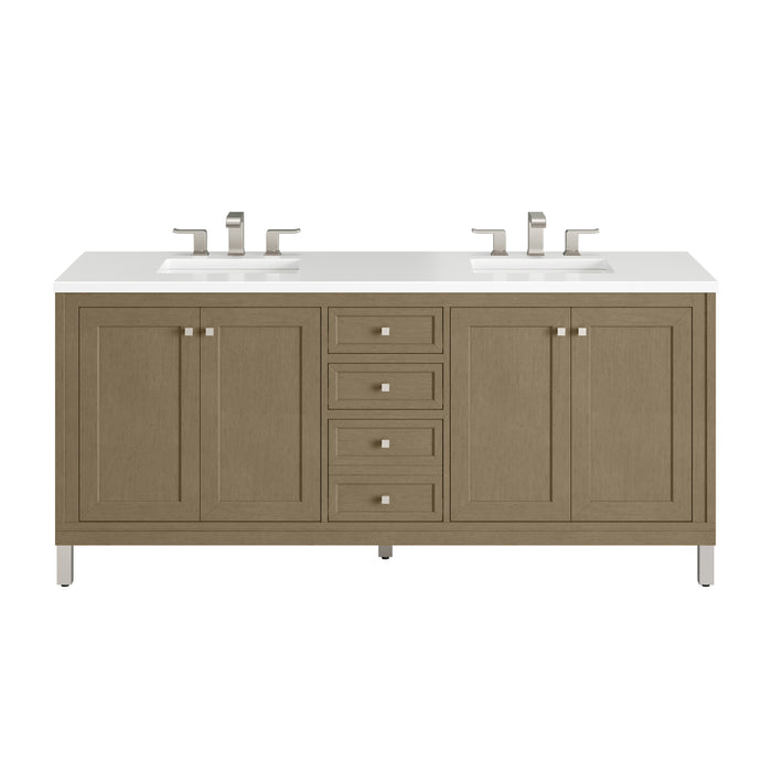 Chicago 72" Double Vanity, Walnut Whisper, w/ Single Hole 3CM White Zeus Silestone® Top & Backsplash