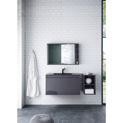 James Martin Milan 12" Storage Cabinet (Short) in Modern Grey Glossy, shown in a bathroom setting