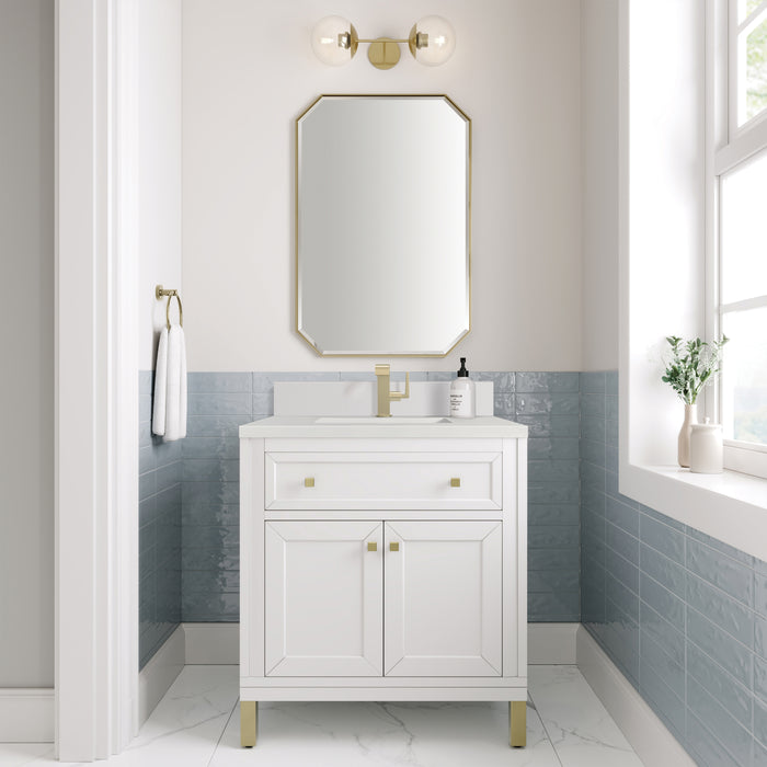 James Martin Chicago 30" Single Bathroom Vanity in Glossy White, shown in a bathroom setting