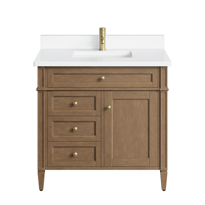 Brittany 36" Single Vanity, Pecan w/ Single Hole 3 CM White Zeus Silestone Top and Matching Backsplash