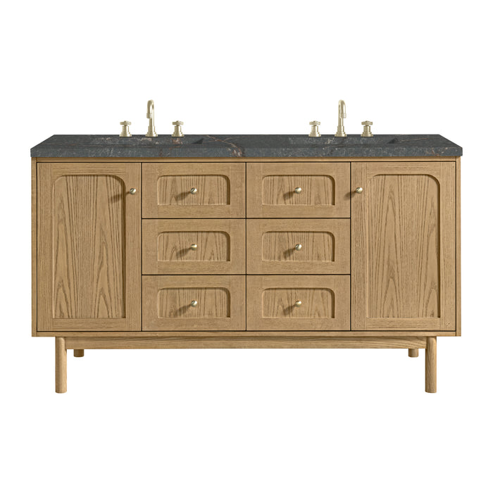Laurent 60" Double Vanity, Light Natural Oak, w/ Single Hole 3 CM White Zeus Quartz Top & Backsplash