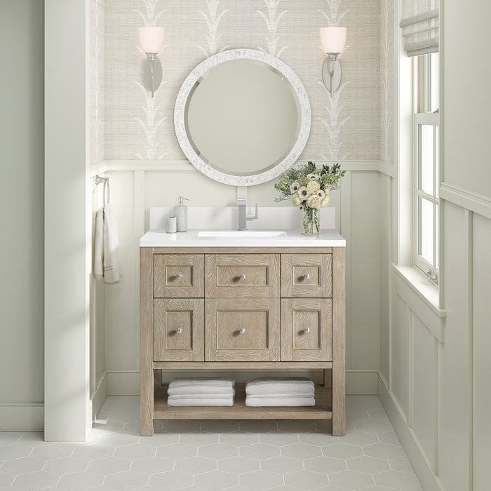James Martin Breckenridge 36" Single Bathroom Vanity in Whitewashed Oak, shown in a bathroom setting