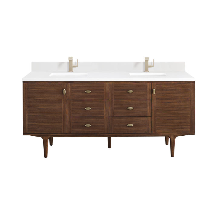Amberly 72" Double Vanity, Mid-Century Walnut, w/ 3 CM Siberian Silestone Top w/FreePower Wireless Charger