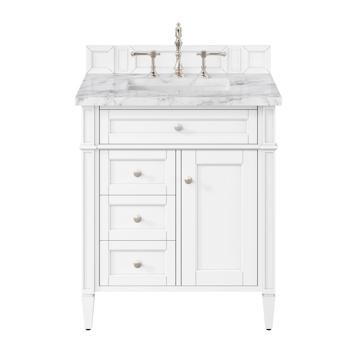 Brittany 30" Single Vanity, Bright White w/ 3 CM Carrara Marble Top