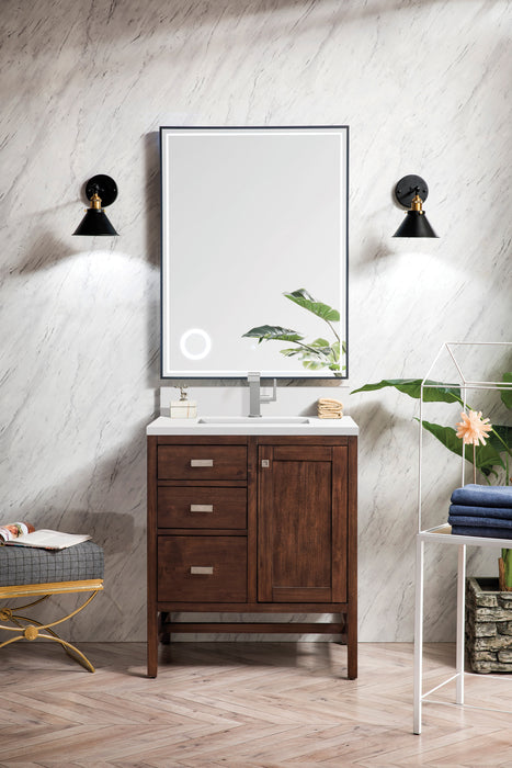 James Martin Addison 30" Single Bathroom Vanity in Mid-Century Acacia, shown in a bathroom setting