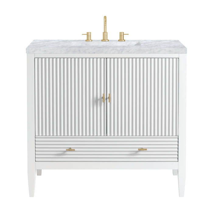 Myrrin 36" Vanity, Bright White w/ 3 CM Carrara White Marble Top