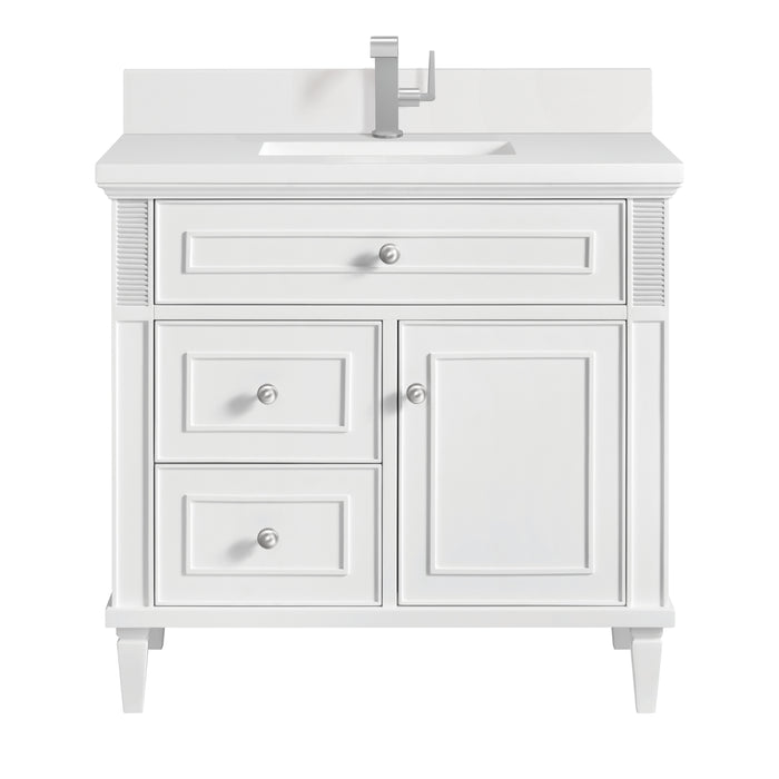 Lorelai 36" Single Vanity, Bright White w/ Single Hole 3 CM White Zeus Silestone Top & Backsplash