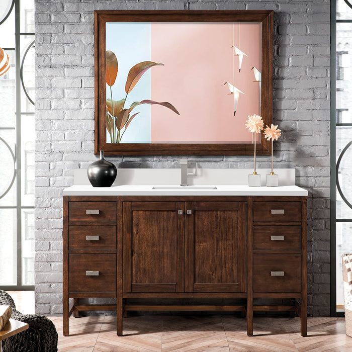 James Martin Addison 60" Single Bathroom Vanity in Mid-Century Acacia, shown in a bathroom setting