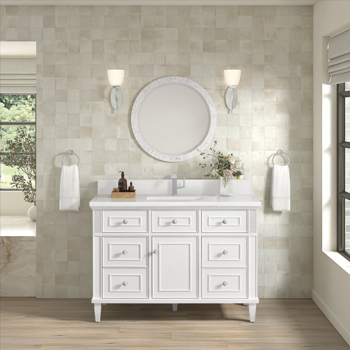 James Martin Lorelai 48" Single Bathroom Vanity in Bright White, shown in a bathroom setting