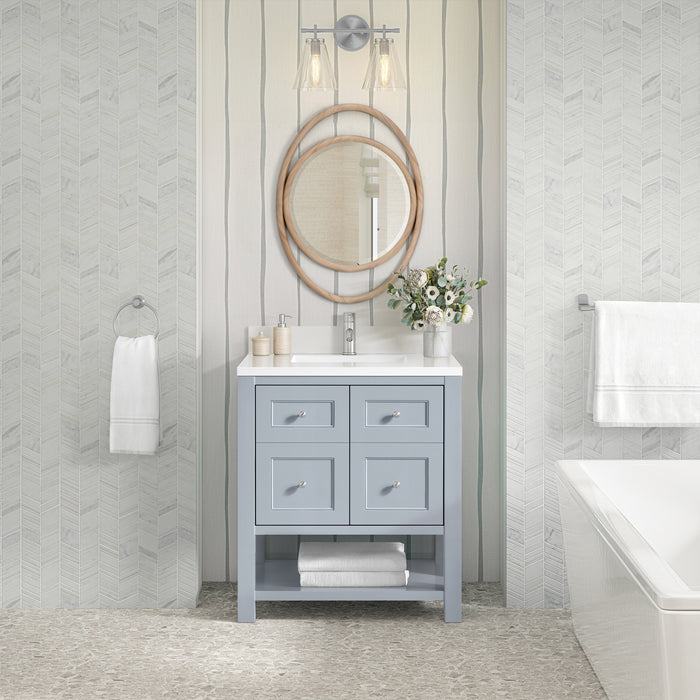 James Martin Breckenridge 30" Single Bathroom Vanity in Serenity Blue, shown in a bathroom setting