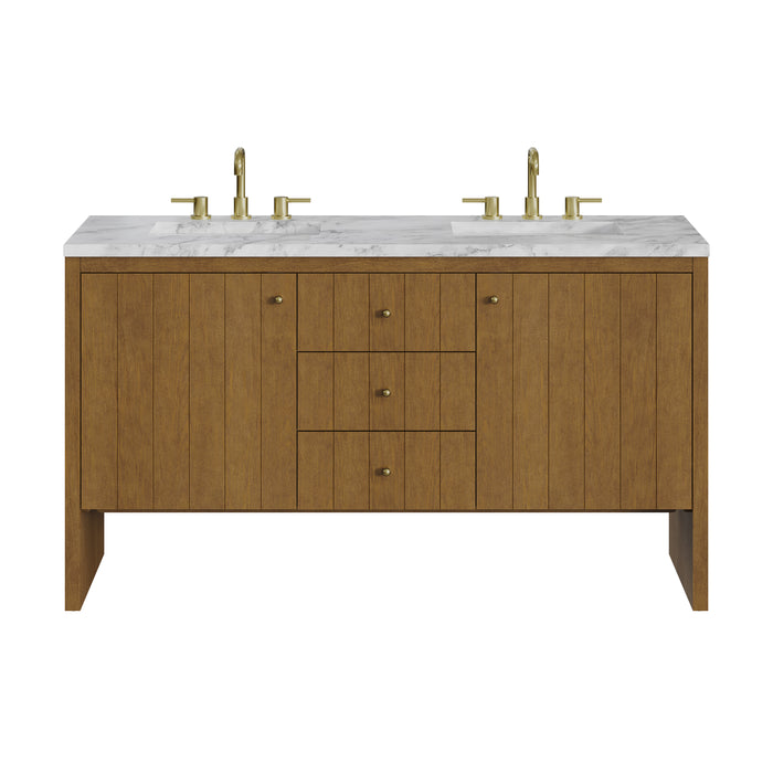 Hudson 60" Double Vanity, Honey Oak w/ 3 CM Carrara Marble Top