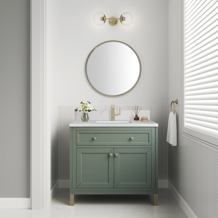 James Martin Chicago 36" Single Bathroom Vanity in Smokey Celadon, shown in a bathroom setting