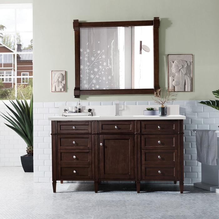James Martin Brittany 60" Single Bathroom Vanity in Burnished Mahogany, shown in a bathroom setting