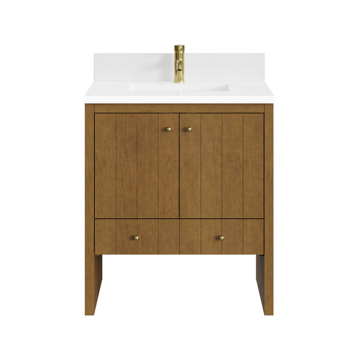 Hudson 30" Single Vanity, Honey Oak w/ Single Hole 3 CM White Zeus Silestone Top and Matching Backsplash