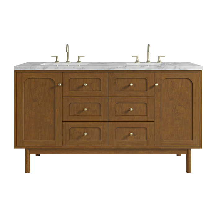 Laurent 60" Double Vanity, Honey Oak w/ 3 CM Carrara Marble Top