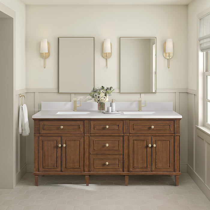 James Martin Lorelai 72" Double Bathroom Vanity in Mid-Century Walnut, shown in a bathroom setting