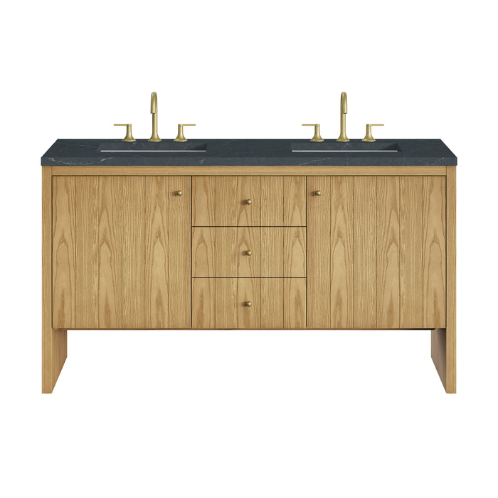 Hudson 60" Double Vanity, Honey Oak w/ 3 CM Parisien Bleu Silestone Top w/FreePower Wireless Charger
