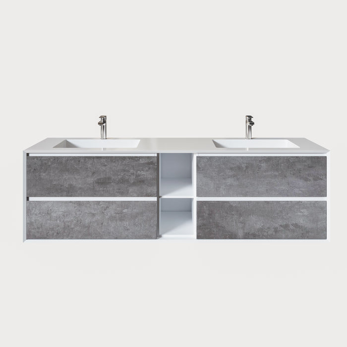 Eviva Vienna 75" Wall Mount Double Sink Bathroom Vanity in Ash w/ White Frame, Cement Gray w/ White Frame, or Gray Oak w/ White Frame Finish with White Integrated Acrylic Top