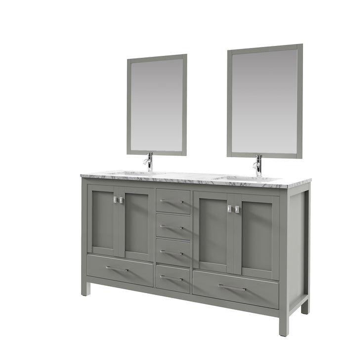 Eviva London 60" x 18" Transitional Double Sink Bathroom Vanity in Espresso, Gray or White Finish with White Carrara Marble Countertop and Undermount Porcelain Sinks