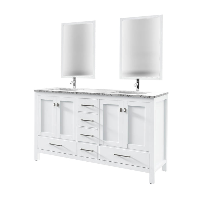 Eviva London 60" x 18" Transitional Double Sink Bathroom Vanity in Espresso, Gray or White Finish with White Carrara Marble Countertop and Undermount Porcelain Sinks