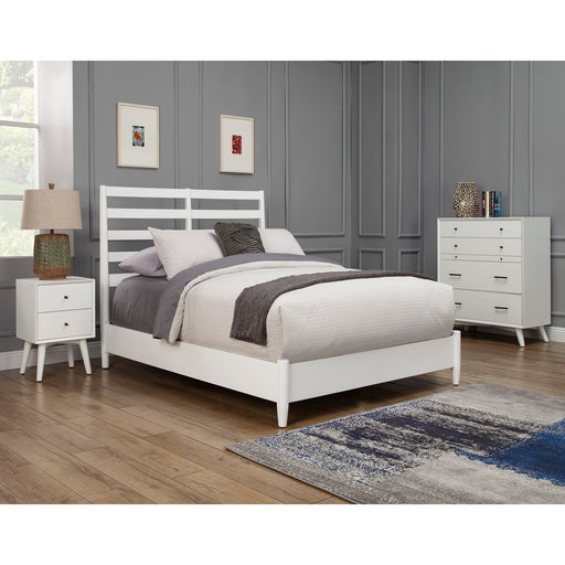 Alpine Furniture Flynn Retro California King Bed w/Slat Back Headboard, White 1066-W-27CK