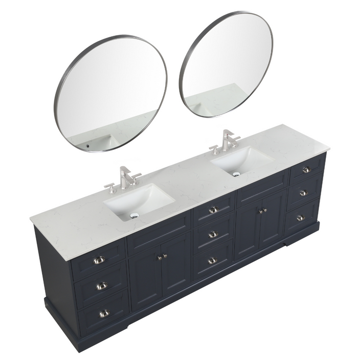 Eviva Epic 96" Transitional Vanity in Blue, Charcoal Gray, or White Finish with Brushed Nickel or Gold Hardware with White Quartz Top