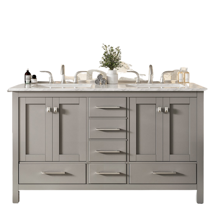 Eviva Aberdeen 72" Transitional Double Sink Bathroom Vanity inGray or White Finish with White Carrara Marble Countertop and Undermount Porcelain Sinks