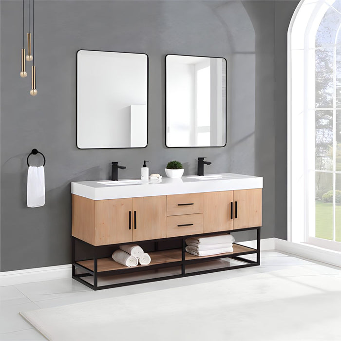 Altair Design Bianco 72"" Double Bathroom Vanity in Light Brown with Matte Black Support Base and White Composite Stone Countertop