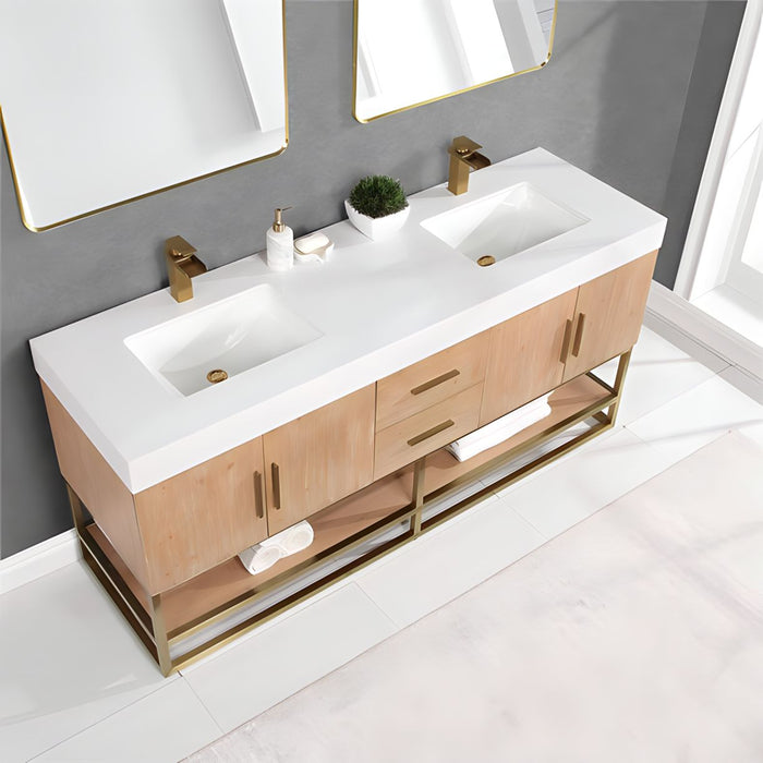 Altair Design Bianco 72"" Double Bathroom Vanity in Light Brown with Brushed Gold Support Base and White Composite Stone Countertop