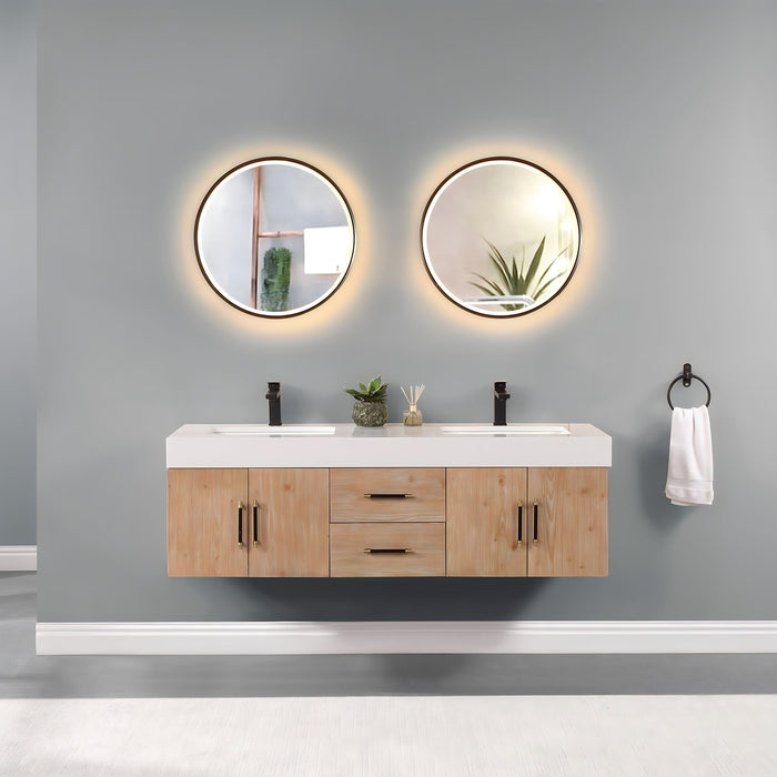Altair Design Corchia 60"" Wall-mounted Double Bathroom Vanity in Light Brown with White Composite Stone Countertop