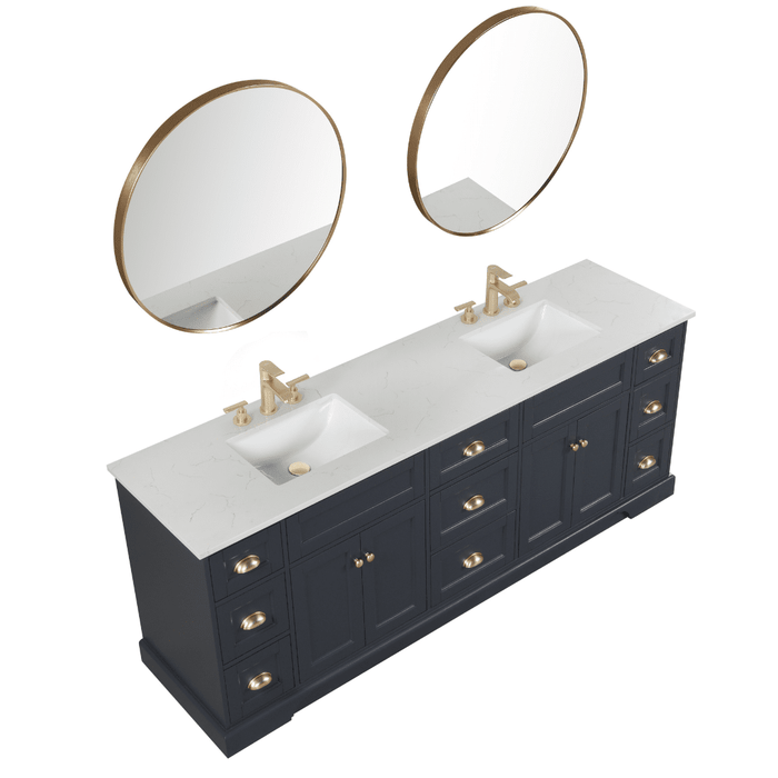 Eviva Epic 84" Transitional Vanity in Blue, Charcoal Gray, or White Finish with Brushed Nickel or Gold Hardware with White Quartz Top