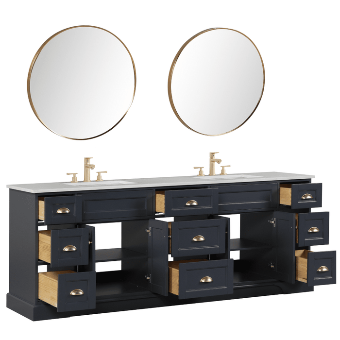 Eviva Epic 84" Transitional Vanity in Blue, Charcoal Gray, or White Finish with Brushed Nickel or Gold Hardware with White Quartz Top