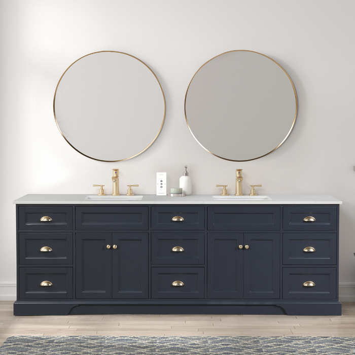 Eviva Epic 96" Transitional Vanity in Blue, Charcoal Gray, or White Finish with Brushed Nickel or Gold Hardware with White Quartz Top