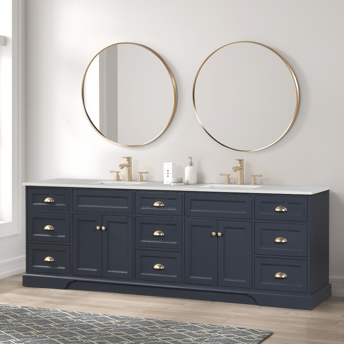 Eviva Epic 96" Transitional Vanity in Blue, Charcoal Gray, or White Finish with Brushed Nickel or Gold Hardware with White Quartz Top