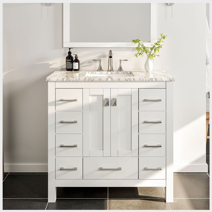 Eviva Hampton 36" Transitional Bathroom Vanity in Gray or White Finish with White Carrara Countertop and Undermount Porcelain Sink