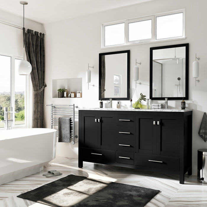 Eviva London 60" x 18" Transitional Double Sink Bathroom Vanity in Espresso, Gray or White Finish with White Carrara Marble Countertop and Undermount Porcelain Sinks