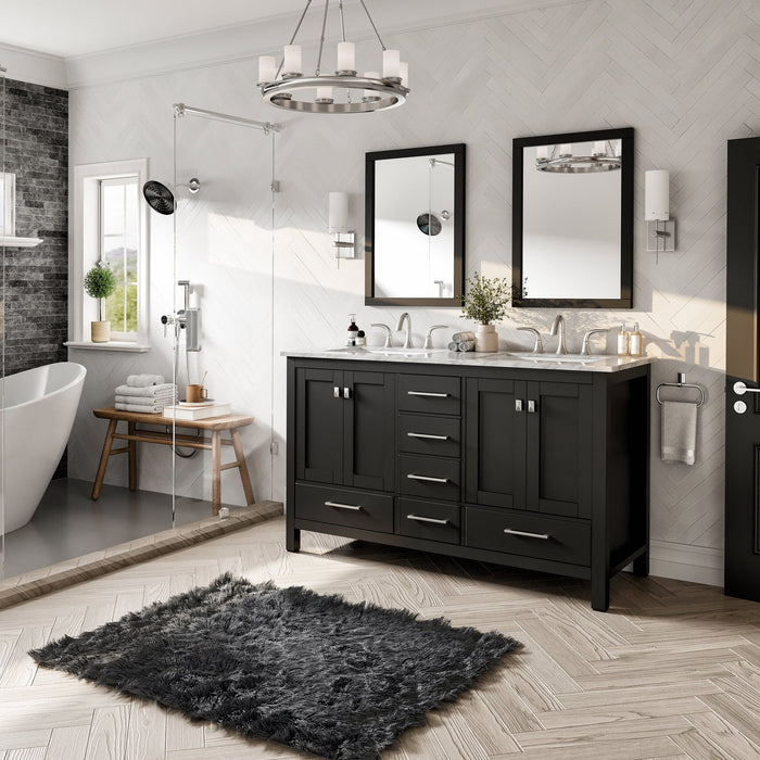 Eviva Aberdeen 60" Transitional Double Sink Bathroom Vanity in Espresso, Gray or White Finish with White Carrara Marble Countertop and Undermount Porcelain Sinks