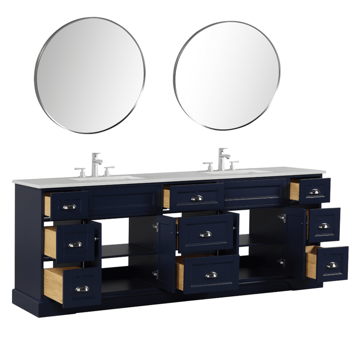 Eviva Epic 84" Transitional Vanity in Blue, Charcoal Gray, or White Finish with Brushed Nickel or Gold Hardware with White Quartz Top