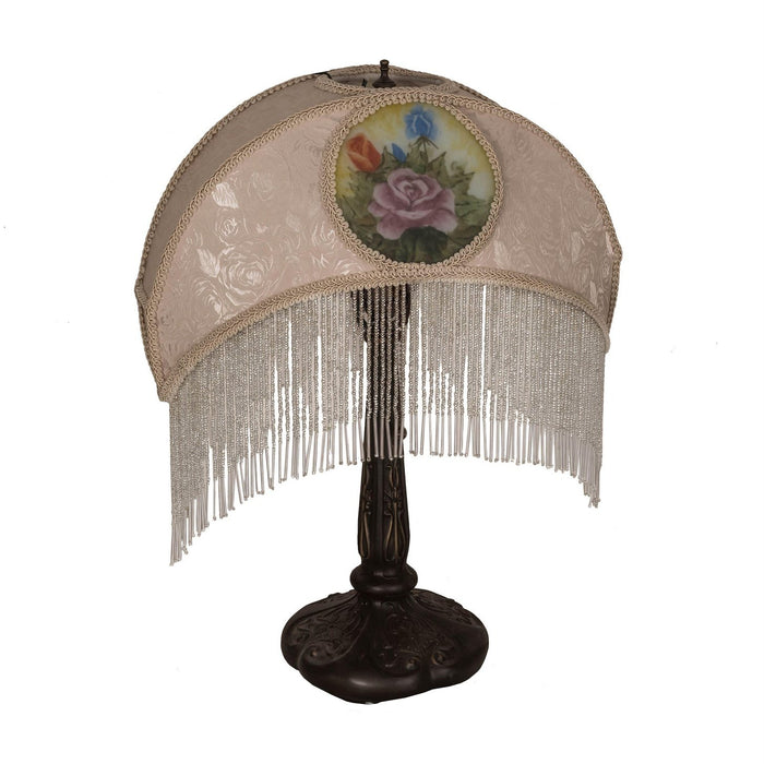 Meyda 21" Reverse Painted Roses Fabric with Fringe Table Lamp