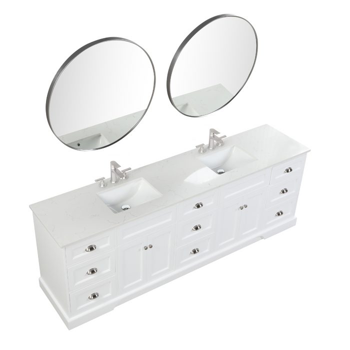 Eviva Epic 96" Transitional Vanity in Blue, Charcoal Gray, or White Finish with Brushed Nickel or Gold Hardware with White Quartz Top