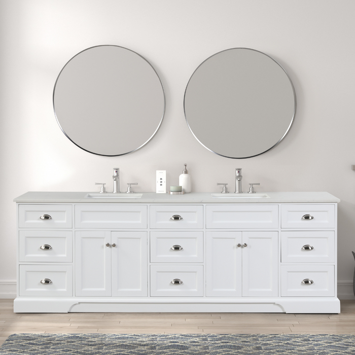 Eviva Epic 96" Transitional Vanity in Blue, Charcoal Gray, or White Finish with Brushed Nickel or Gold Hardware with White Quartz Top