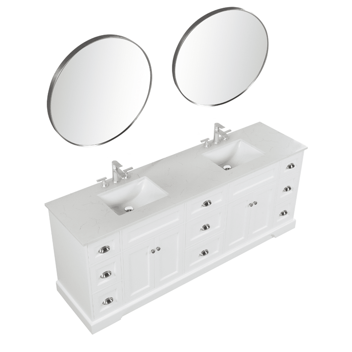 Eviva Epic 84" Transitional Vanity in Blue, Charcoal Gray, or White Finish with Brushed Nickel or Gold Hardware with White Quartz Top