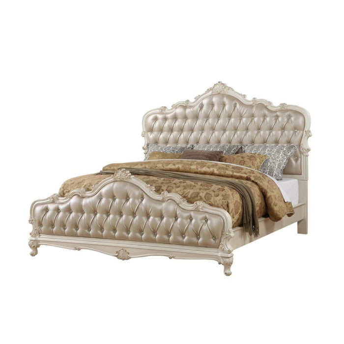 Acme Furniture Chantelle Ek Bed in Rose Gold PU & Pearl White Finish 23537EK
