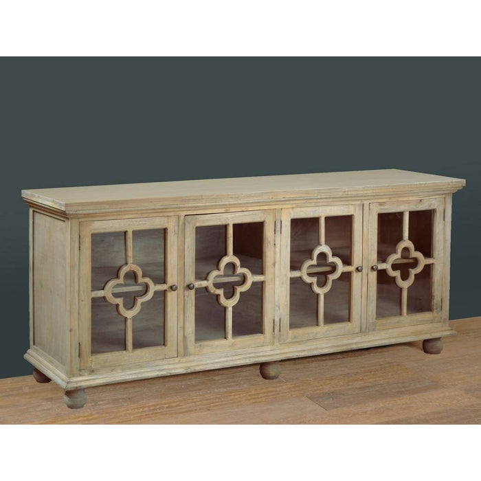 Sunset Trading Cottage 87" Clover Glass Door Credenza | Driftwood Brown Solid Wood Display Cabinet | Fully Assembled Sideboard CC-CAB1781S-DW