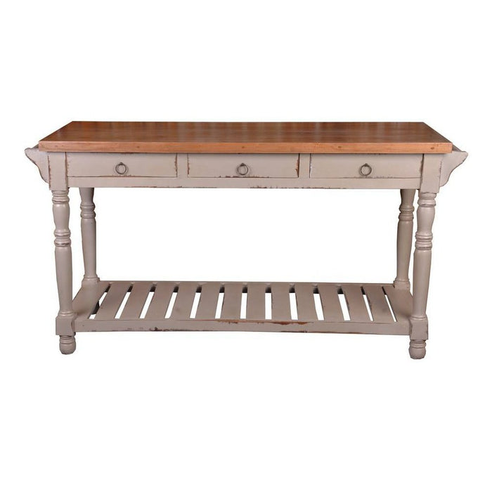 Sunset Trading Cottage Kitchen Island Sideboard | 3 Drawers | Large Planked Shelf | Distressed Cobblestone Beige/Salvage Brown Solid Wood | Fully Assembled Buffet CC-TAB183TLD-CSSV