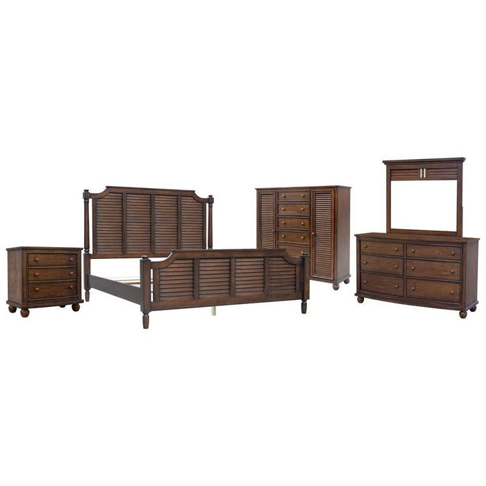 Sunset Trading Bahama Shutter Wood 5 Piece King Bedroom Set | 3 Drawer Nightstand | Armoire | Double Dresser with Mirror | Tropical Walnut Brown CF-1106-36-K5P