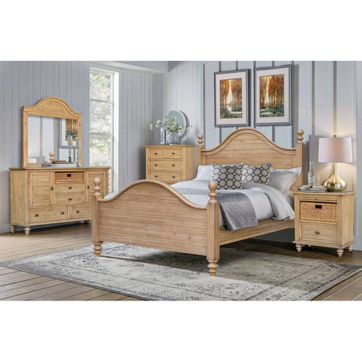 Sunset Trading Vintage Casual 5 Piece King Bedroom Set | Dresser Mirror with Drawers Basket Cabinets | Tall Chest | Nightstand with Pull Out Shelf | Distressed Natural Maple CF-1202-0252-K-5PC