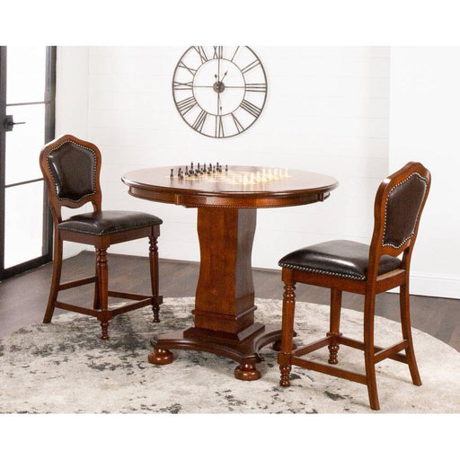 Sunset Trading Bellagio 3 Piece 42" Round Counter Height Dining, Chess and Poker Table Set | Reversible 3 in 1 Game Top | Distressed Cherry Brown Wood | Upholstered Stools with Nailheads CR-87148-TCB-3P