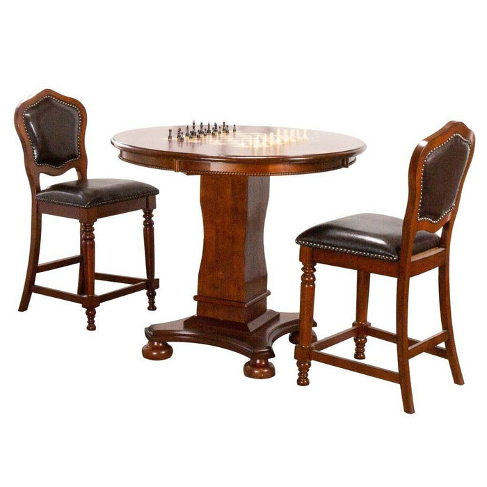 Sunset Trading Bellagio 3 Piece 42" Round Counter Height Dining, Chess and Poker Table Set | Reversible 3 in 1 Game Top | Distressed Cherry Brown Wood | Upholstered Stools with Nailheads CR-87148-TCB-3P
