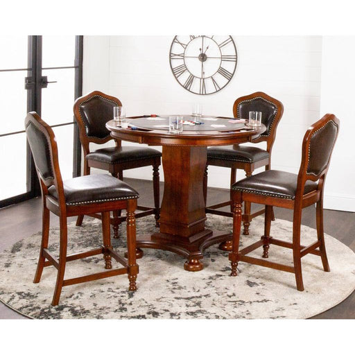 Sunset Trading Bellagio 5 Piece 42" Round Counter Height Dining, Chess and Poker Table Set | Reversible 3 in 1 Game Top | Distressed Cherry Brown Wood | Upholstered Stools with Nailheads CR-87148-TCB-5P